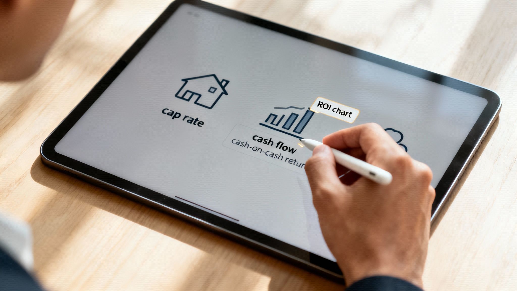 A digital dashboard showing key real estate investment metrics like ROI and cash flow.