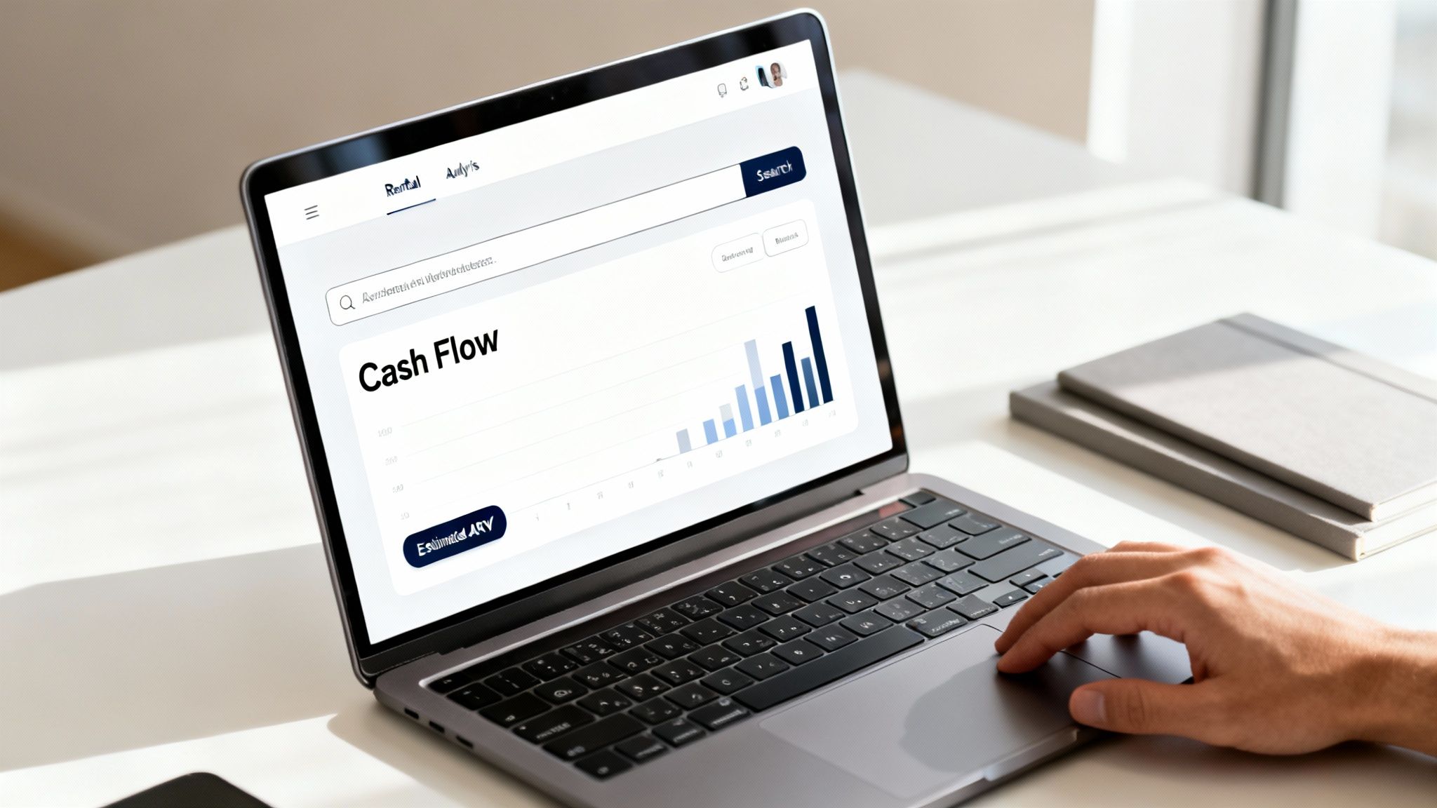 A person's hand using a laptop on a white desk, displaying a cash flow graph.