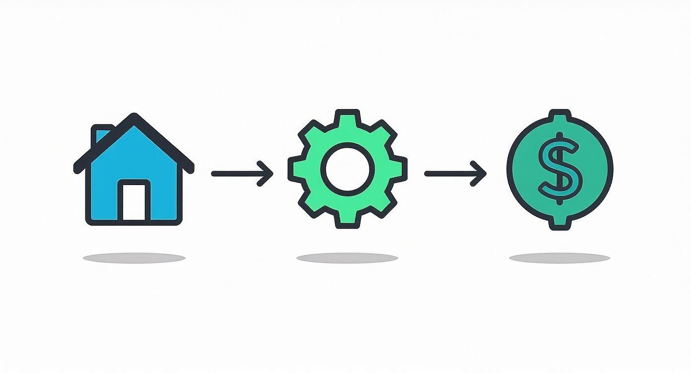 House icon leading to a gear icon, then to a dollar sign icon, symbolizing property investment.