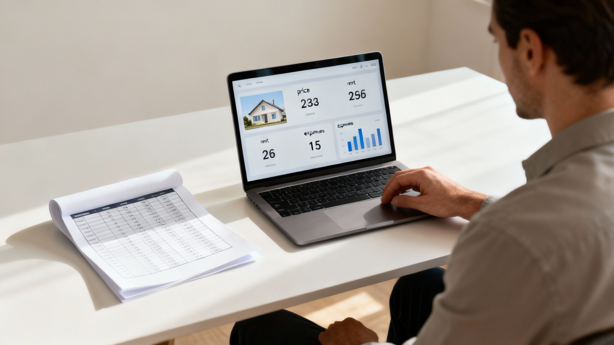 A person using a laptop with charts and graphs to analyze real estate data.