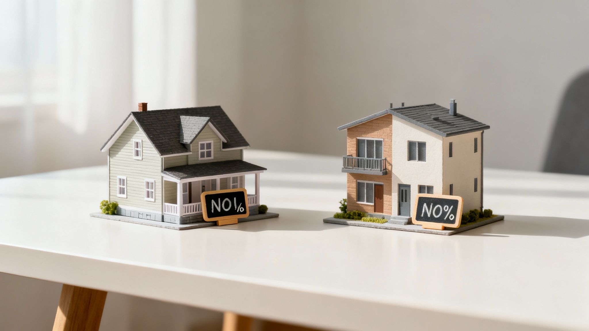Two modern houses with green lawns under a blue sky, illustrating different investment properties.