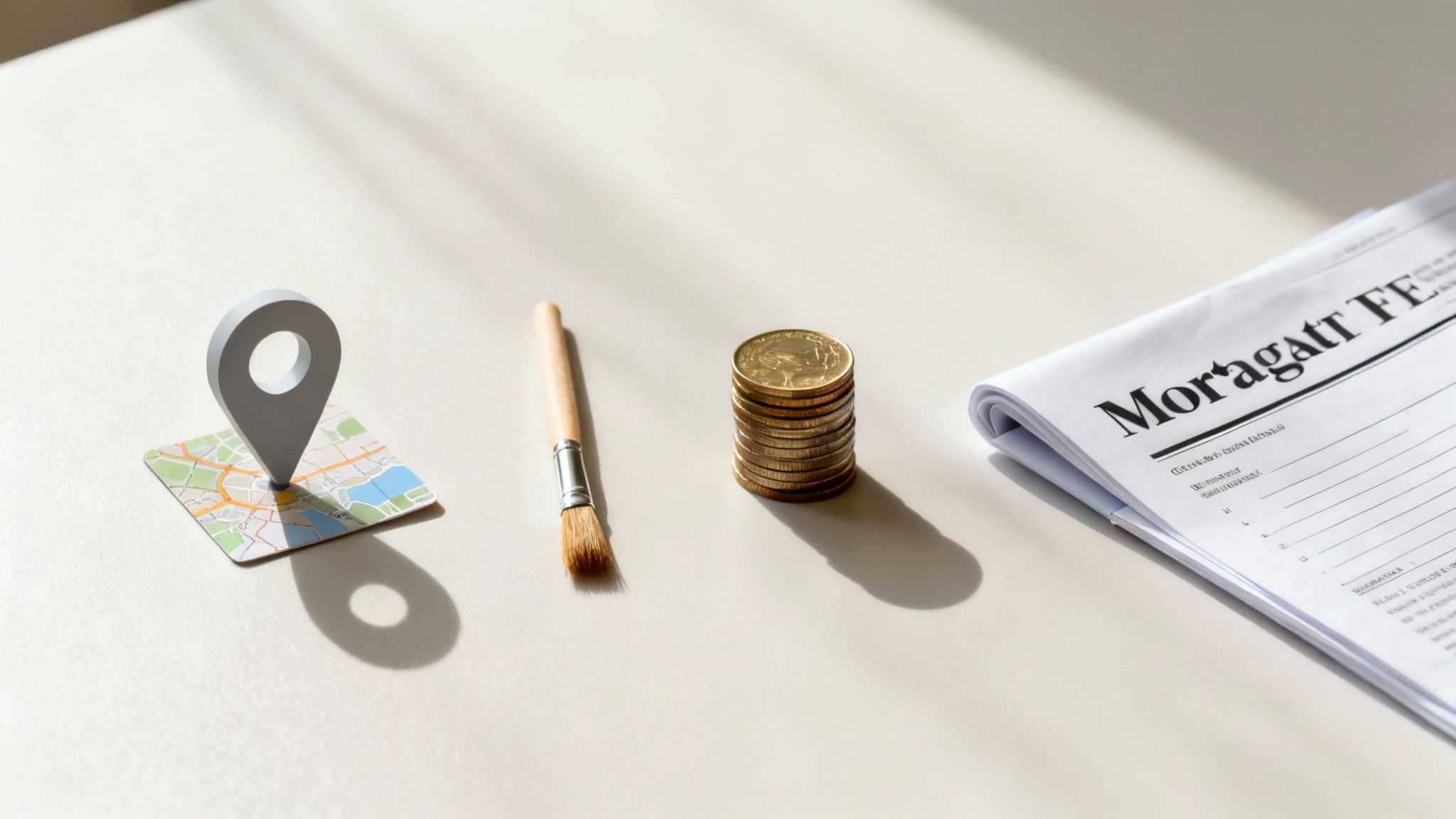 A location pin on a map, a paintbrush, a stack of coins, and a newspaper on a light table.