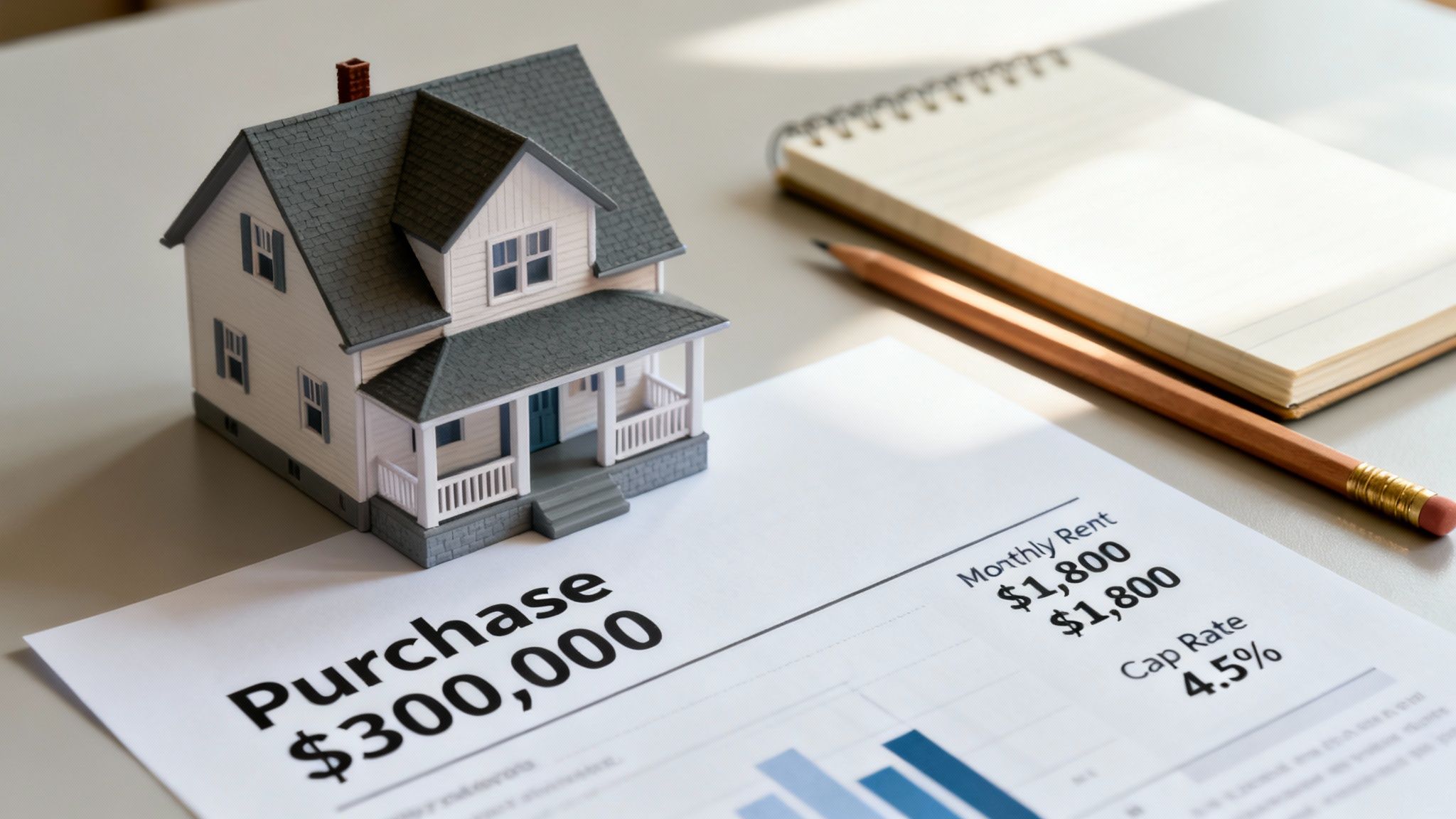 A miniature house model on a document displaying real estate investment calculations, with a notepad.