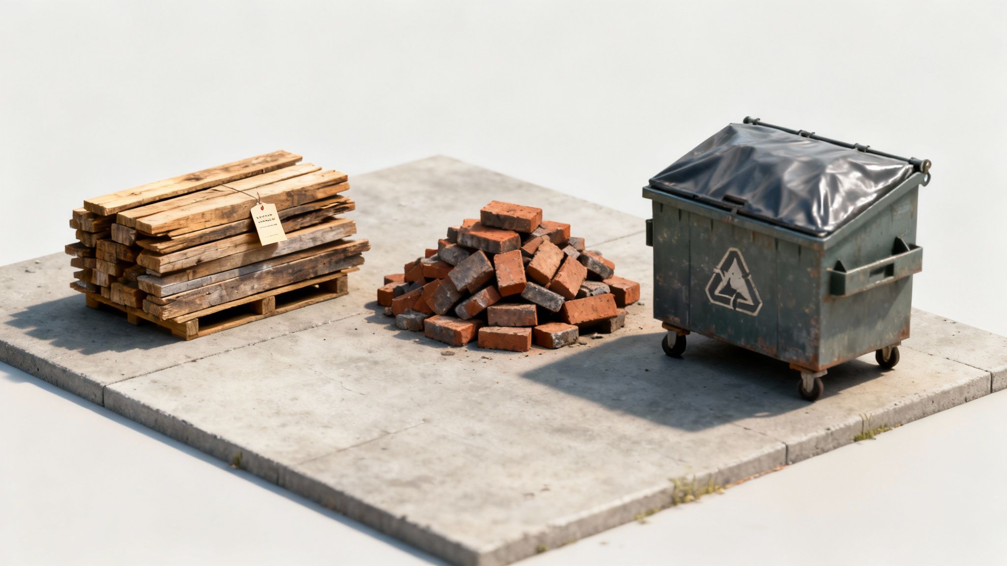 Construction site diorama with wooden pallets, bricks, and waste dumpster for demolition project planning