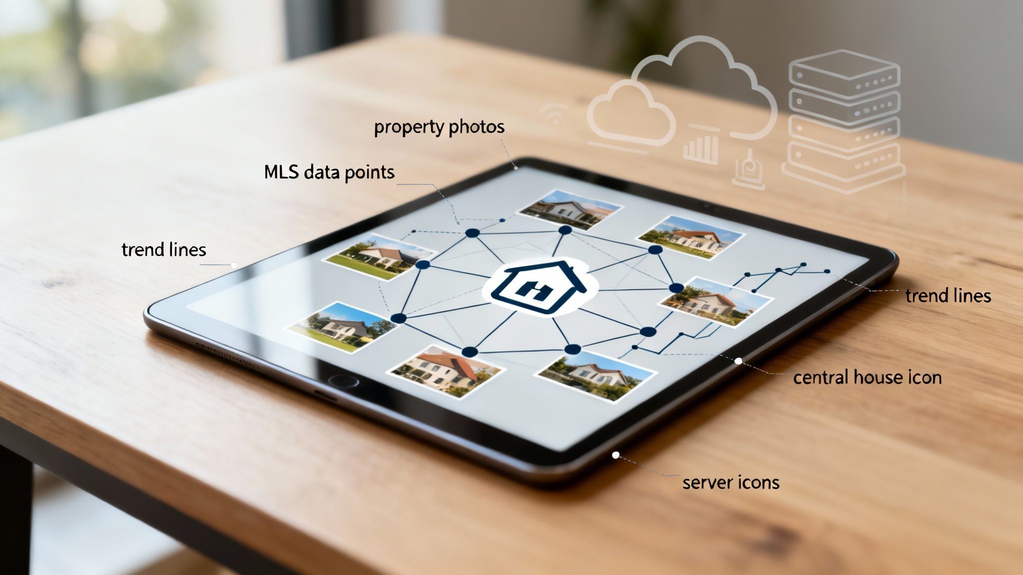 A tablet displays a digital real estate network connecting property photos, MLS data, and trend lines for valuation.