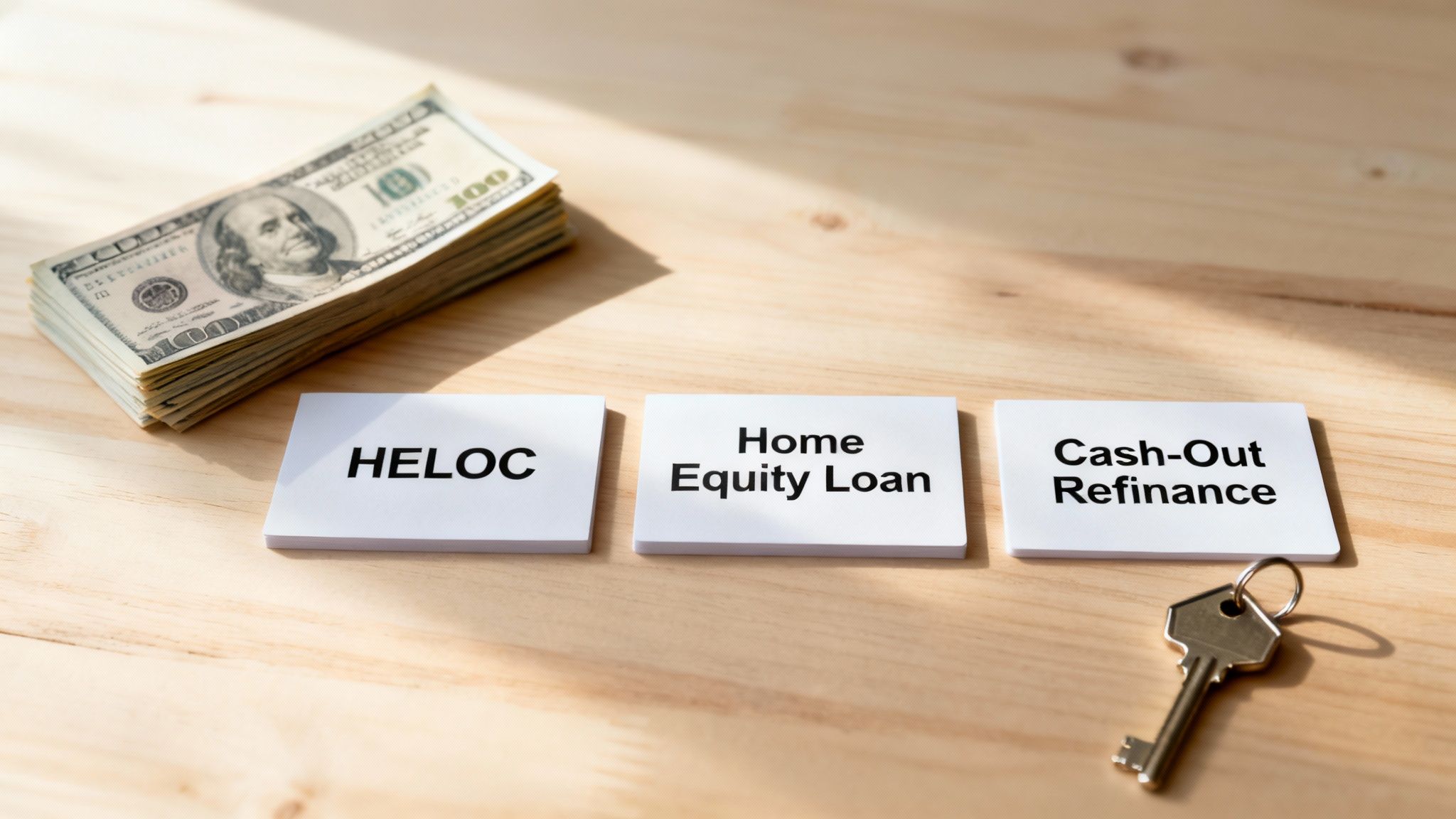 A stack of hundred dollar bills, HELOC, Home Equity Loan, Cash-Out Refinance cards, and a house key on a wooden table.