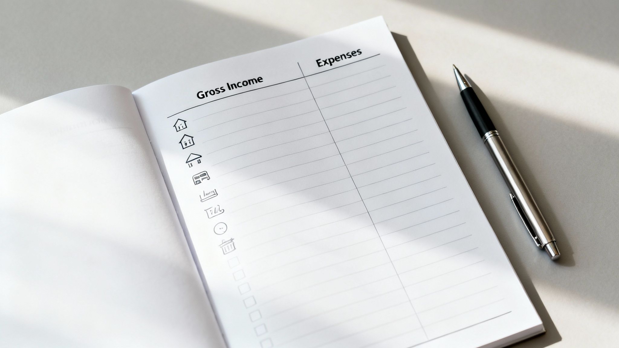 An open financial planning notebook with 'Gross Income' and 'Expenses' columns, next to a silver pen.