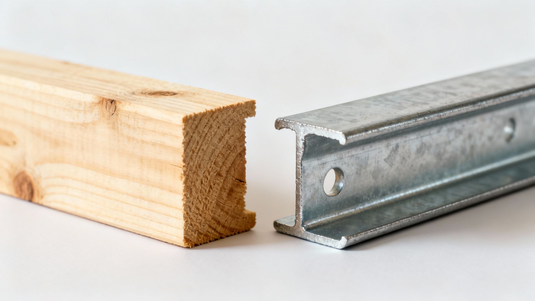 A wooden lumber beam and a galvanized metal strut channel side-by-side on a white background.