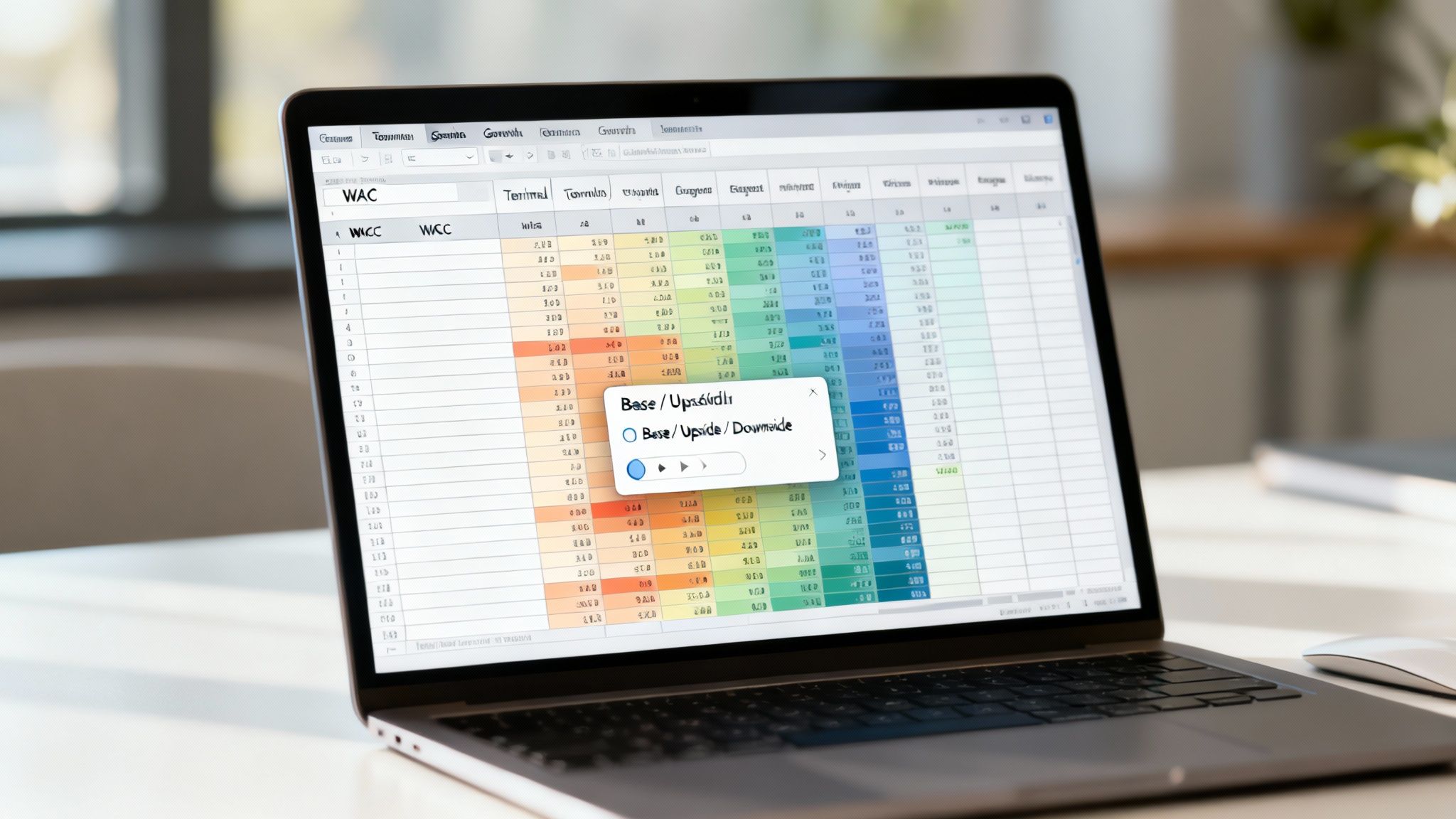 A laptop displays an Excel spreadsheet with financial data and a popup window for scenario analysis.