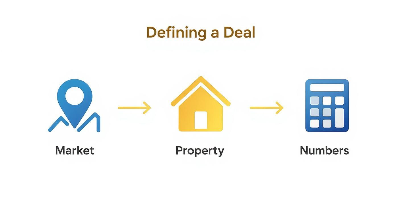 Infographic outlining a business deal process: market analysis, property evaluation, and financial numbers.