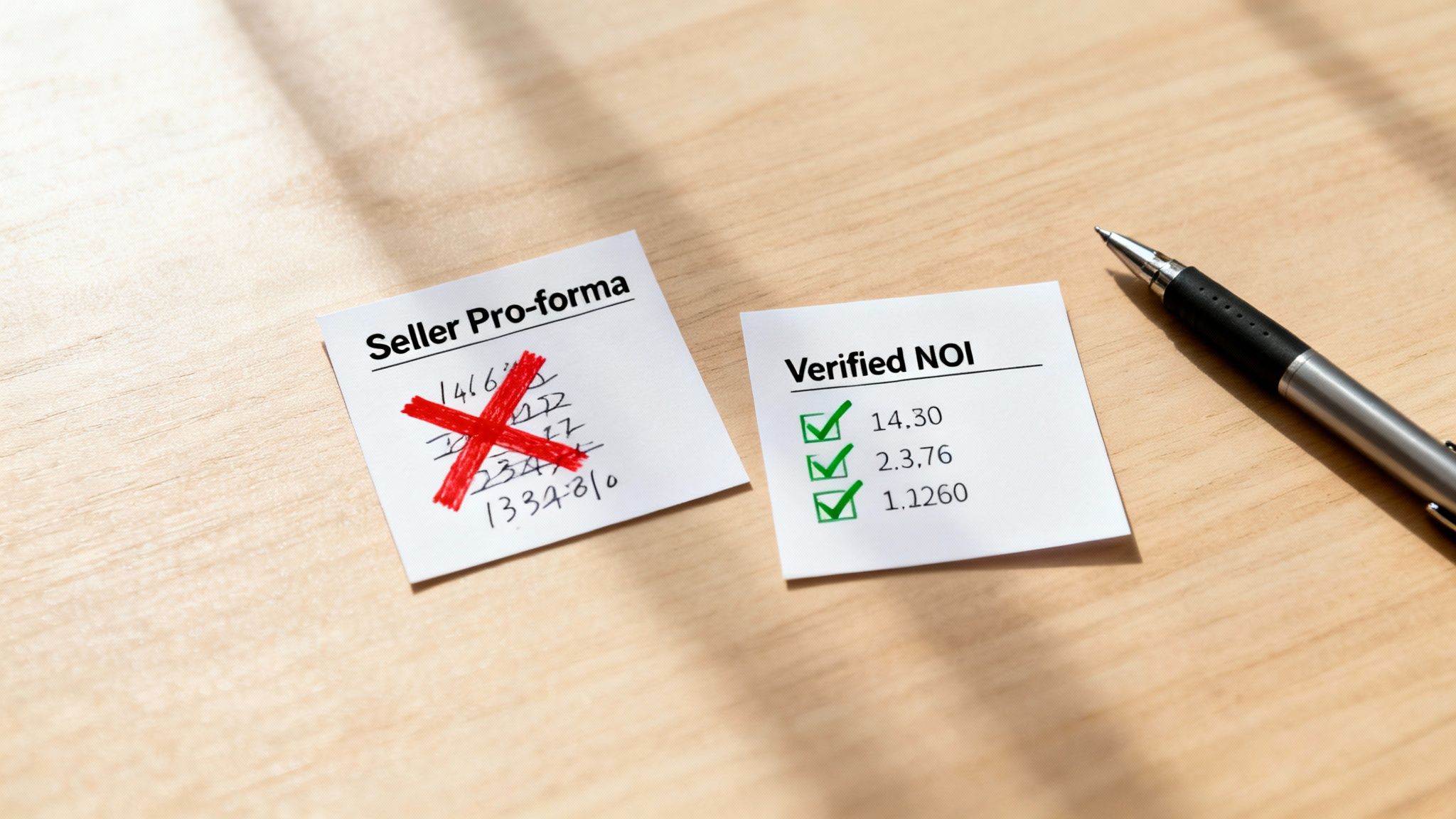 Two notes on a wooden desk: one showing seller pro-forma crossed out, the other verified NOI checked.