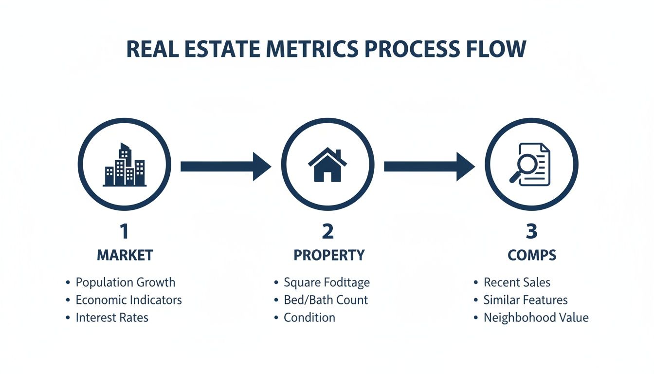 A flowchart detailing the Real Estate Metrics Process Flow with Market, Property, and Comps stages.