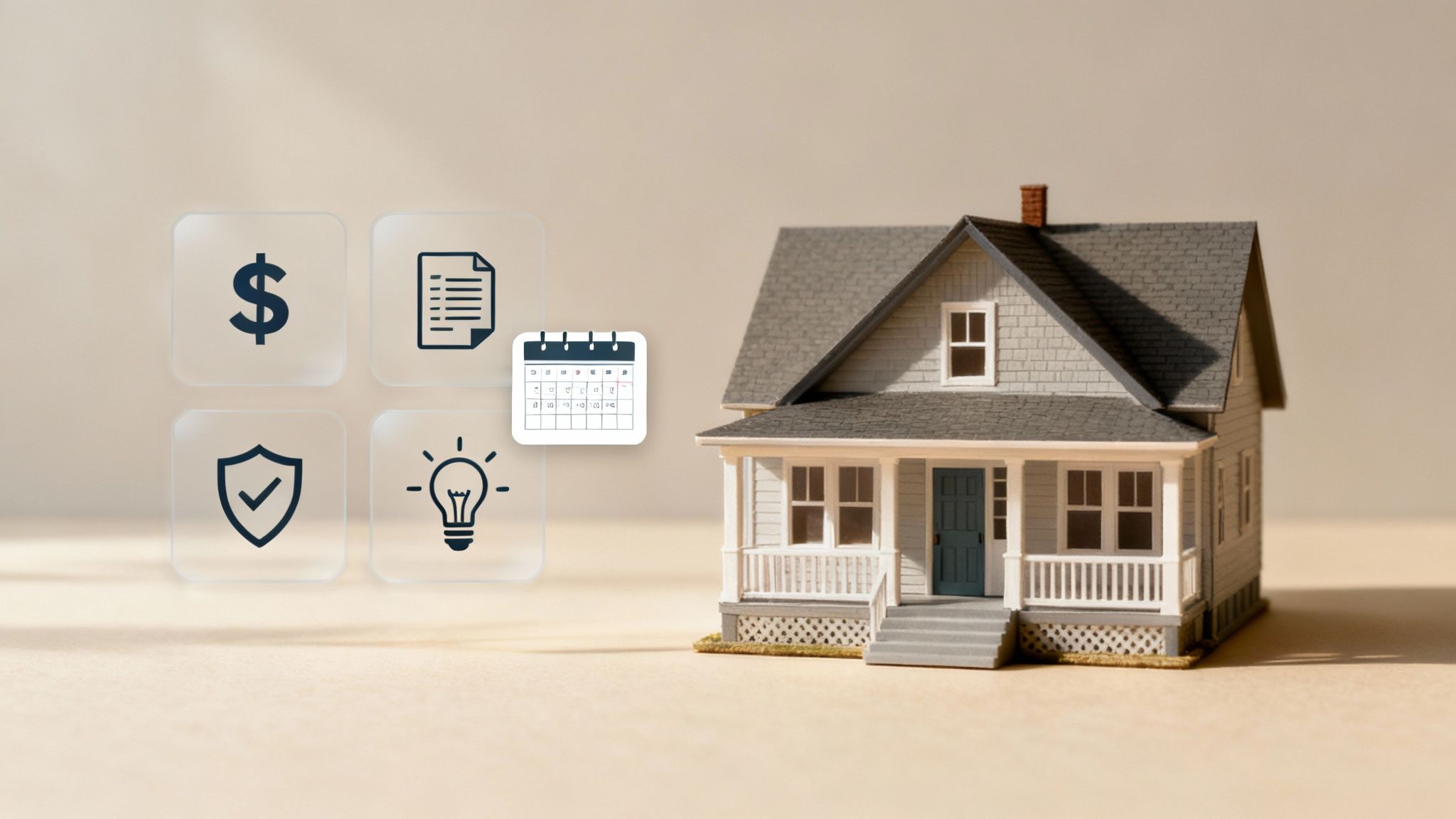 A person using a calculator with a house model and stacks of coins in the background, illustrating financial planning for real estate.