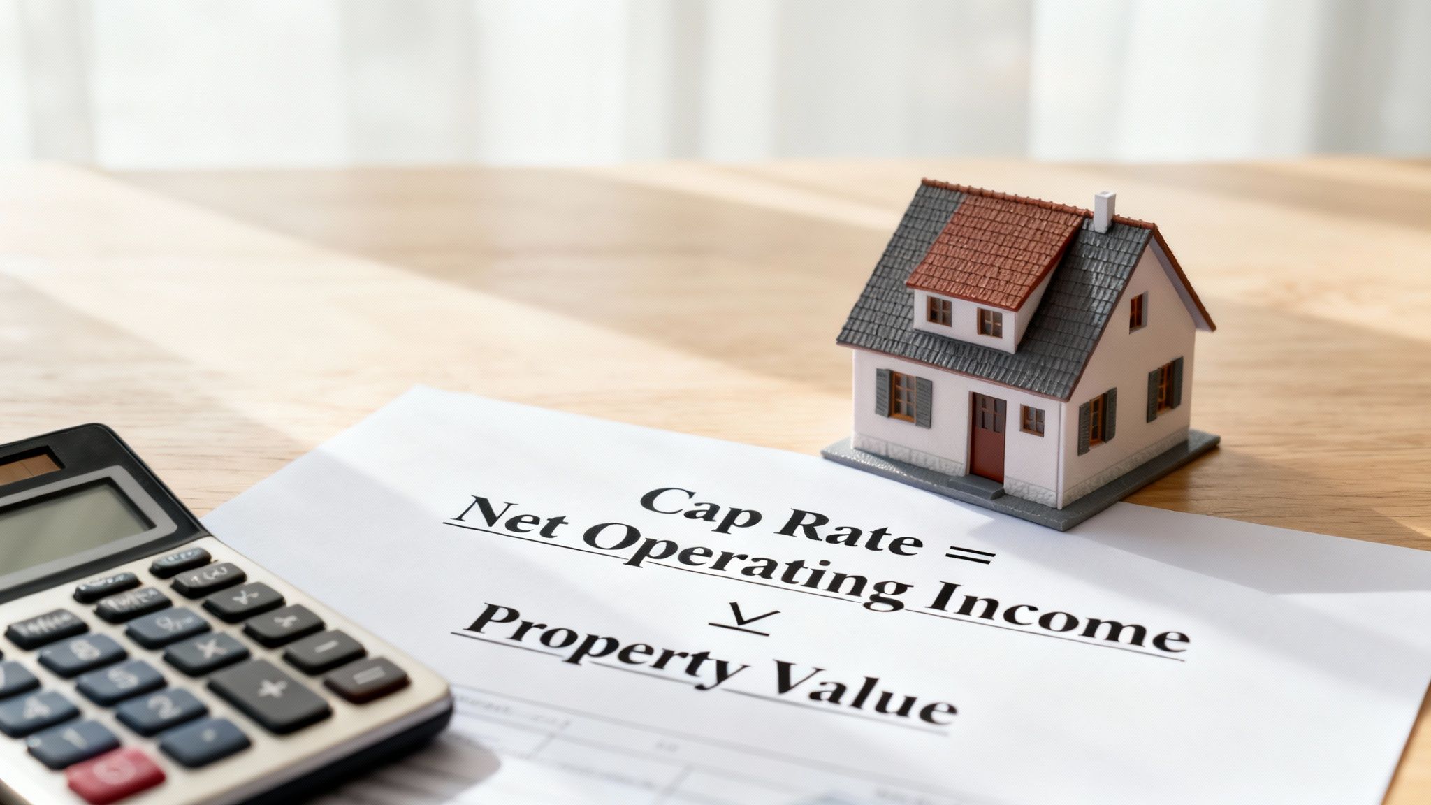 A miniature house, calculator, and a paper displaying the Cap Rate formula for real estate investment.