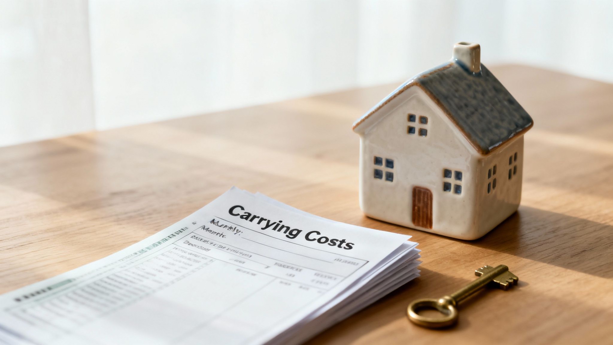 Miniature house model, 'Carrying Costs' papers, and a golden key on a wooden desk.
