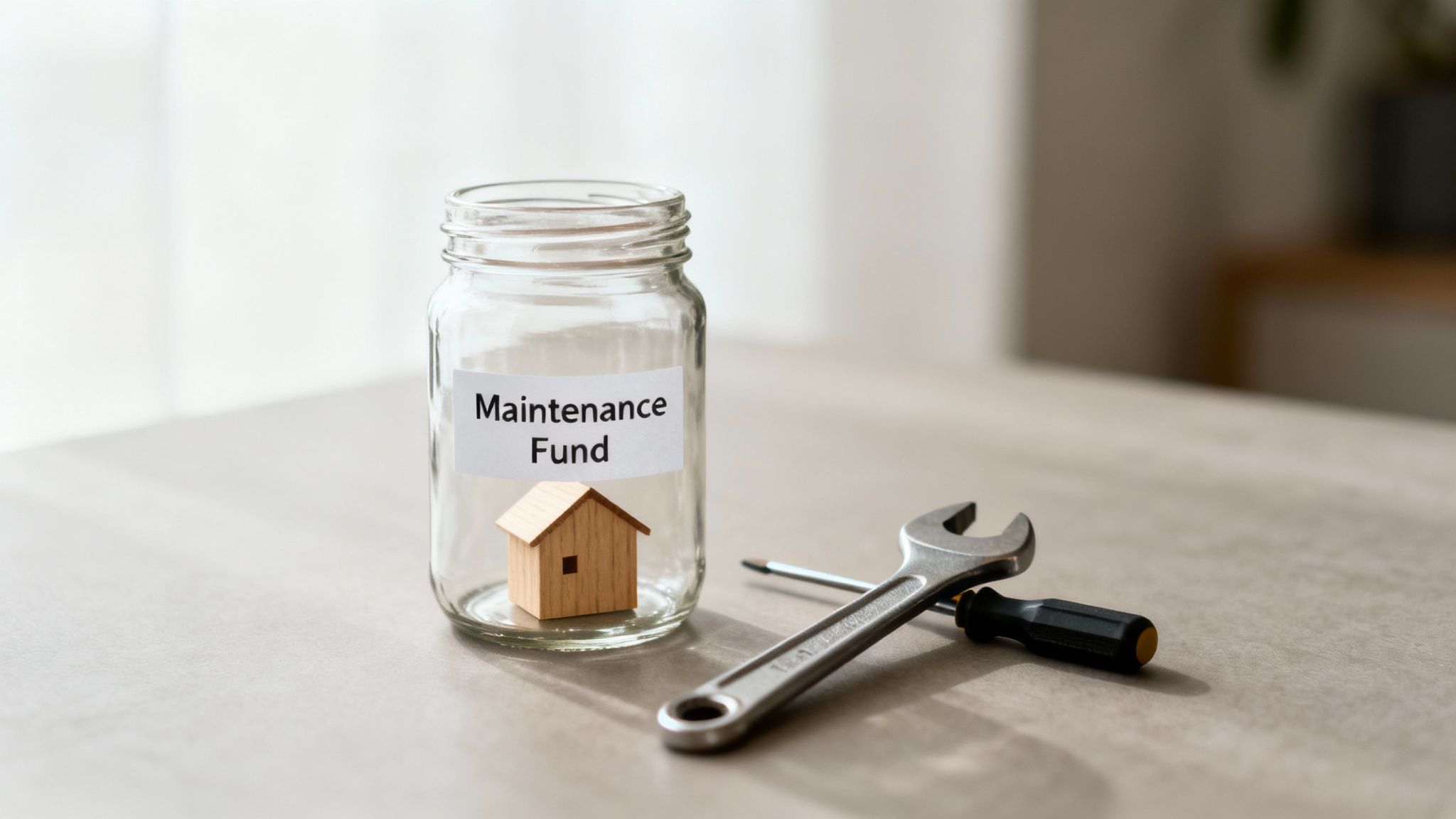 A maintenance fund jar containing a small house, with a wrench and screwdriver nearby for home repairs.