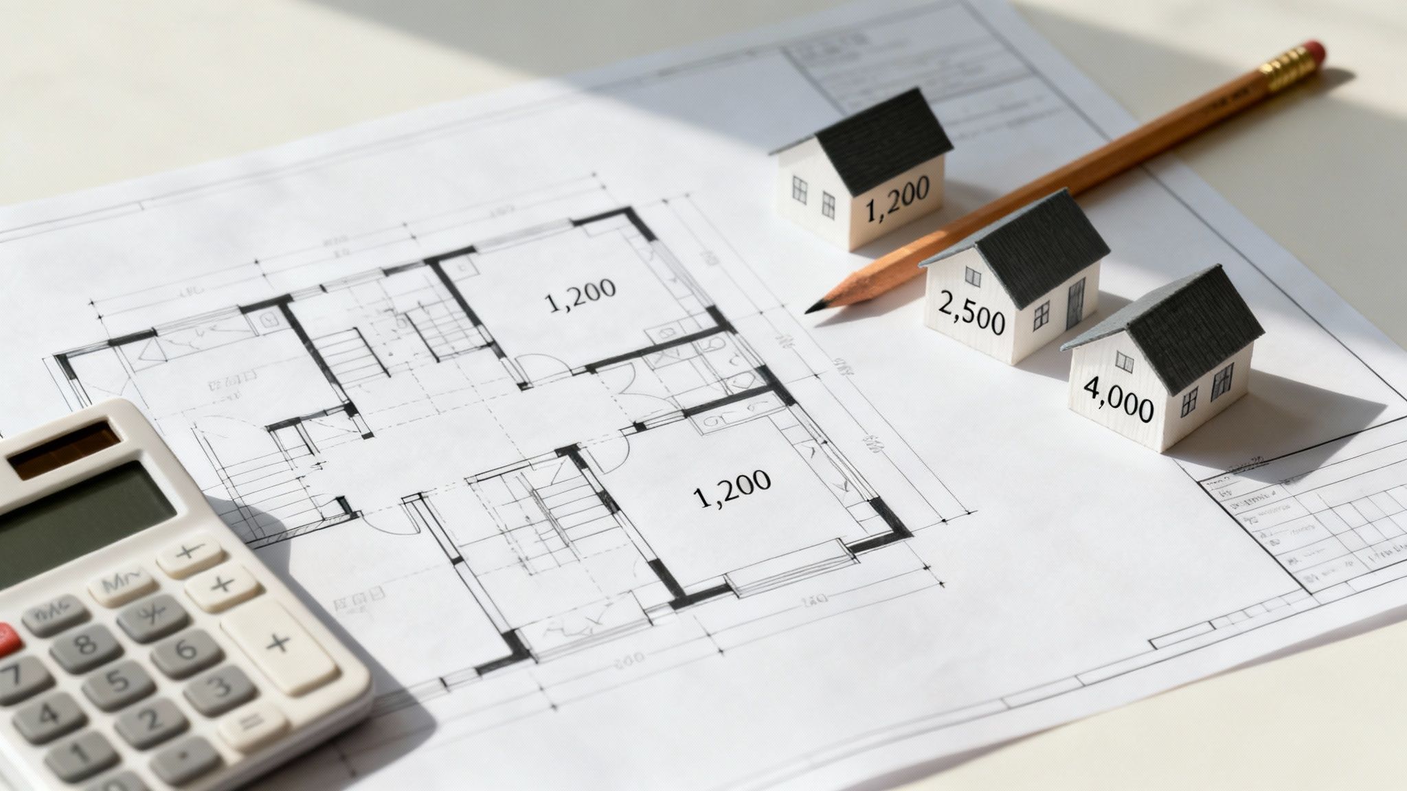 Architectural blueprint with model houses showing different square footage costs and calculator for framing estimates