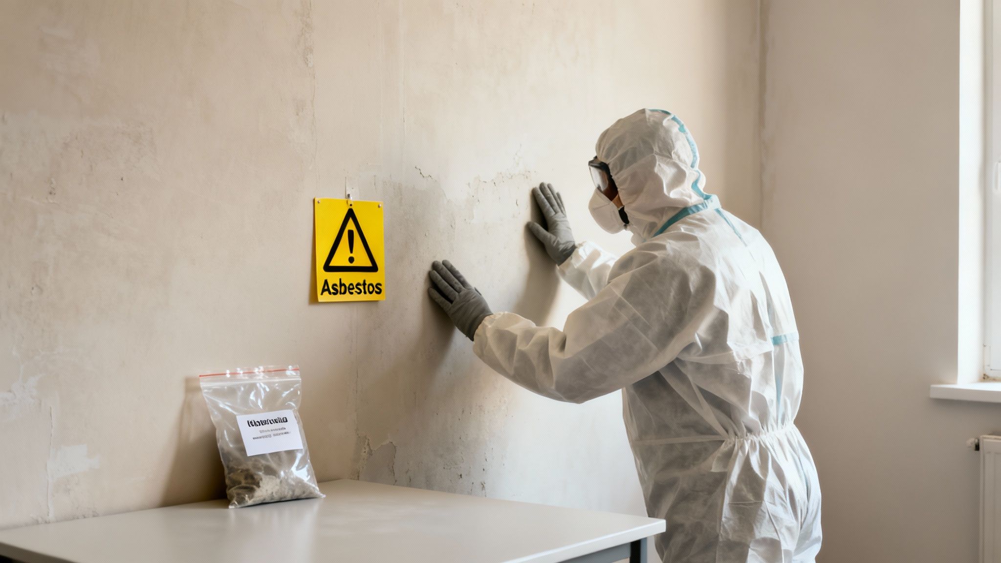 Person in protective suit examines wall next to an asbestos warning sign and sample.