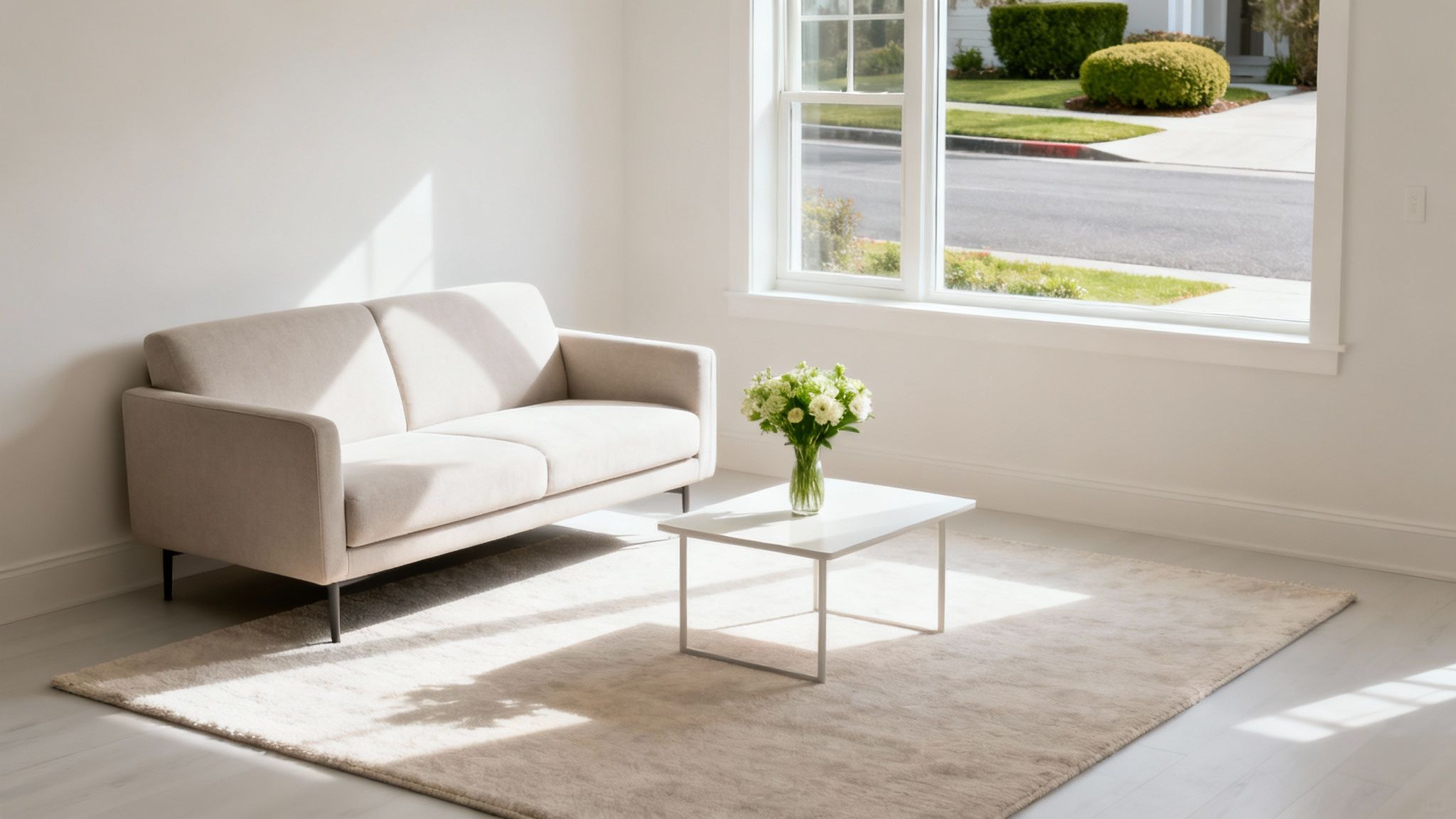 A bright, minimalist living room with a beige sofa, white coffee table, flowers, and a window.