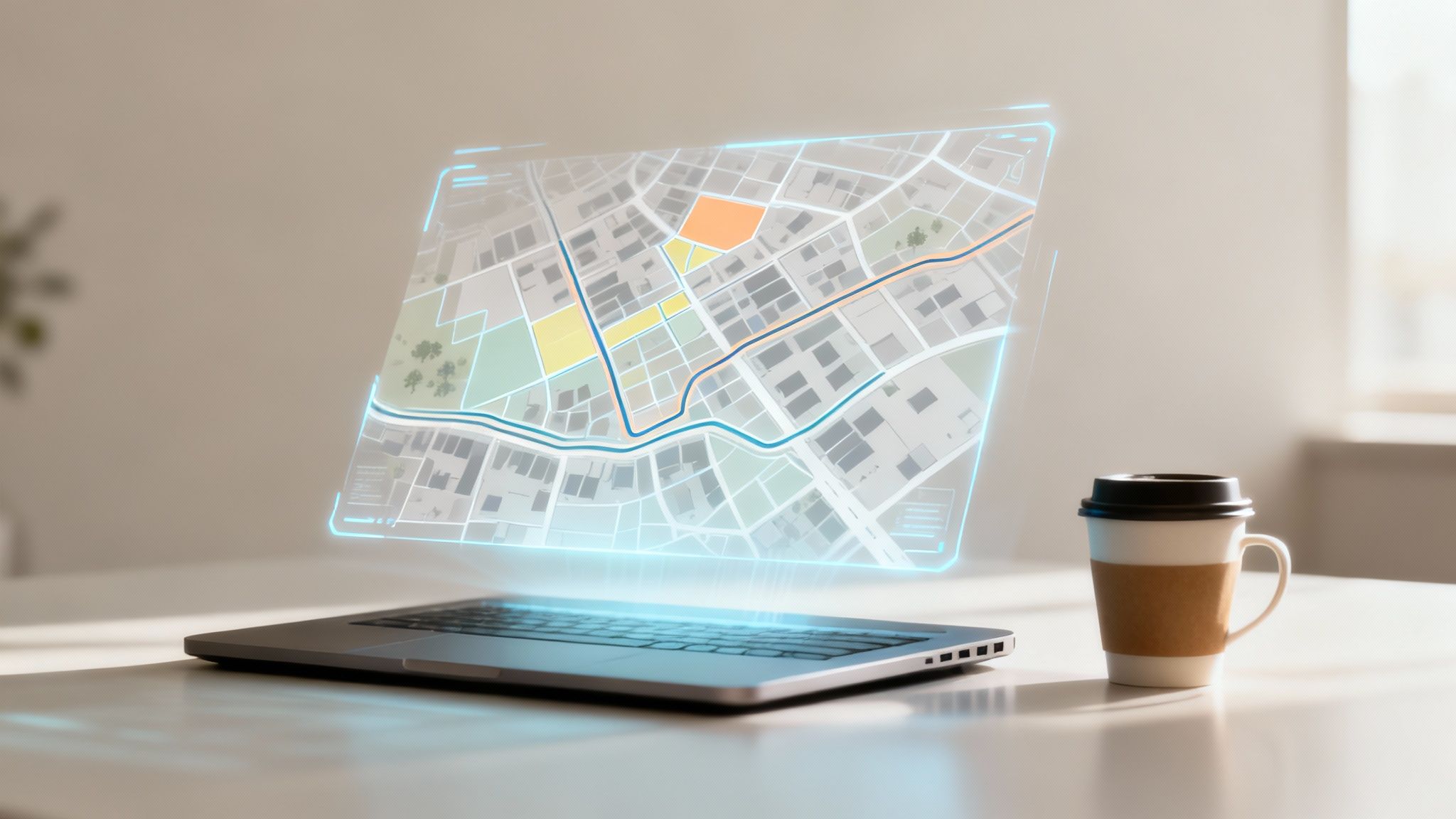 A futuristic digital interface showing real estate data with AI-driven insights.