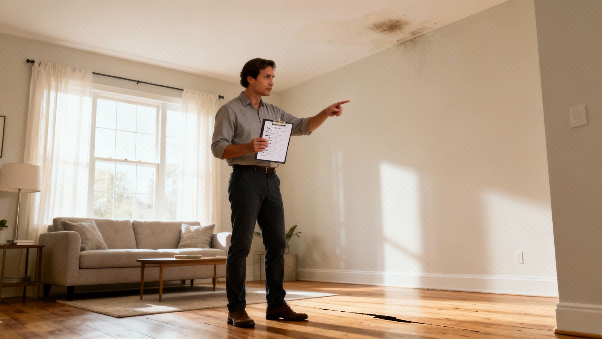 A person inspecting a room with a notepad