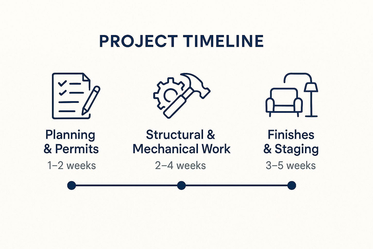 Infographic showing a timeline with three stages: Planning & Permits (1–2 weeks), Structural & Mechanical Work (2–4 weeks), and Finishes & Staging (3–5 weeks)