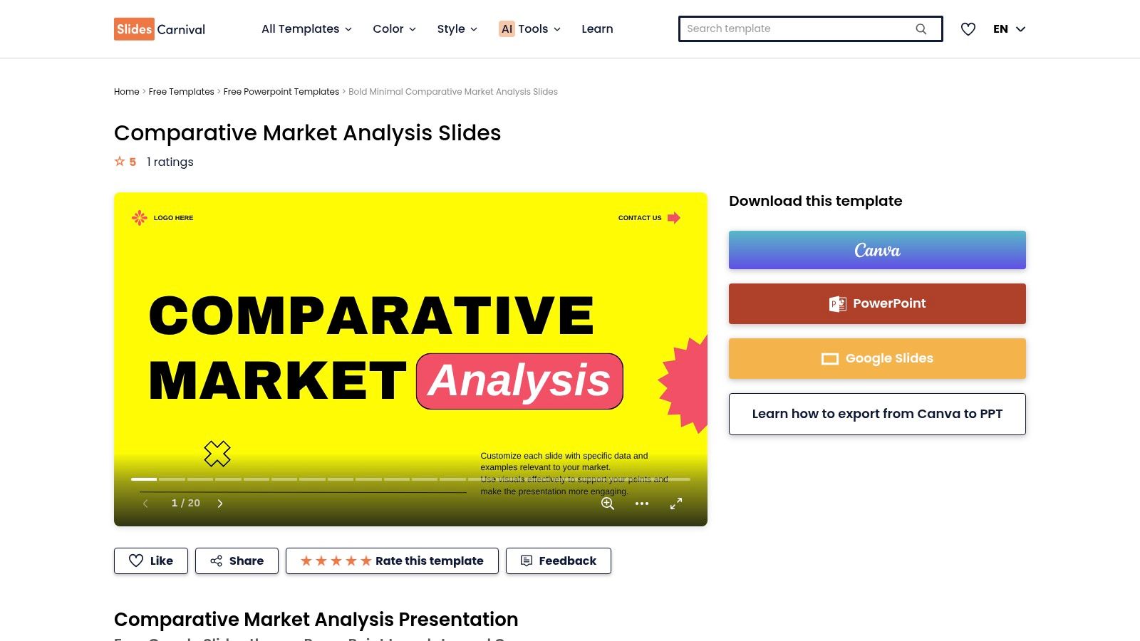 SlidesCarnival offering a free comparative market analysis presentation template