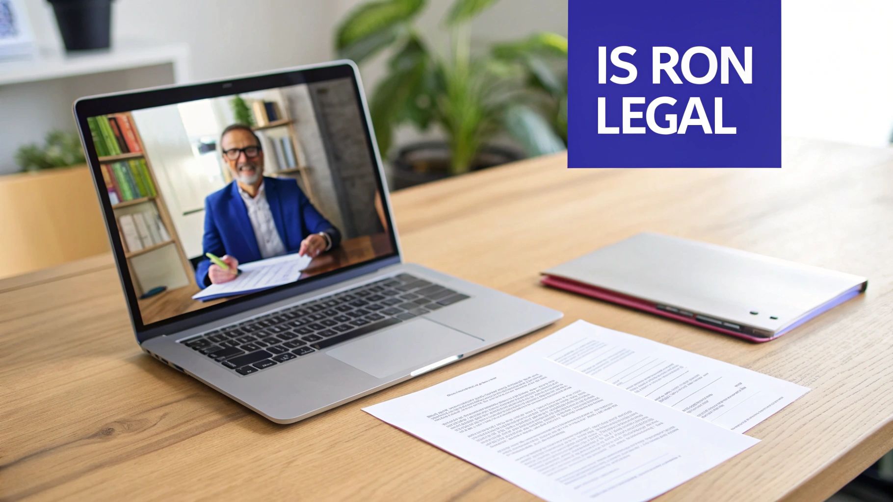 A person signing a document on a tablet while a notary on a laptop screen observes the process.