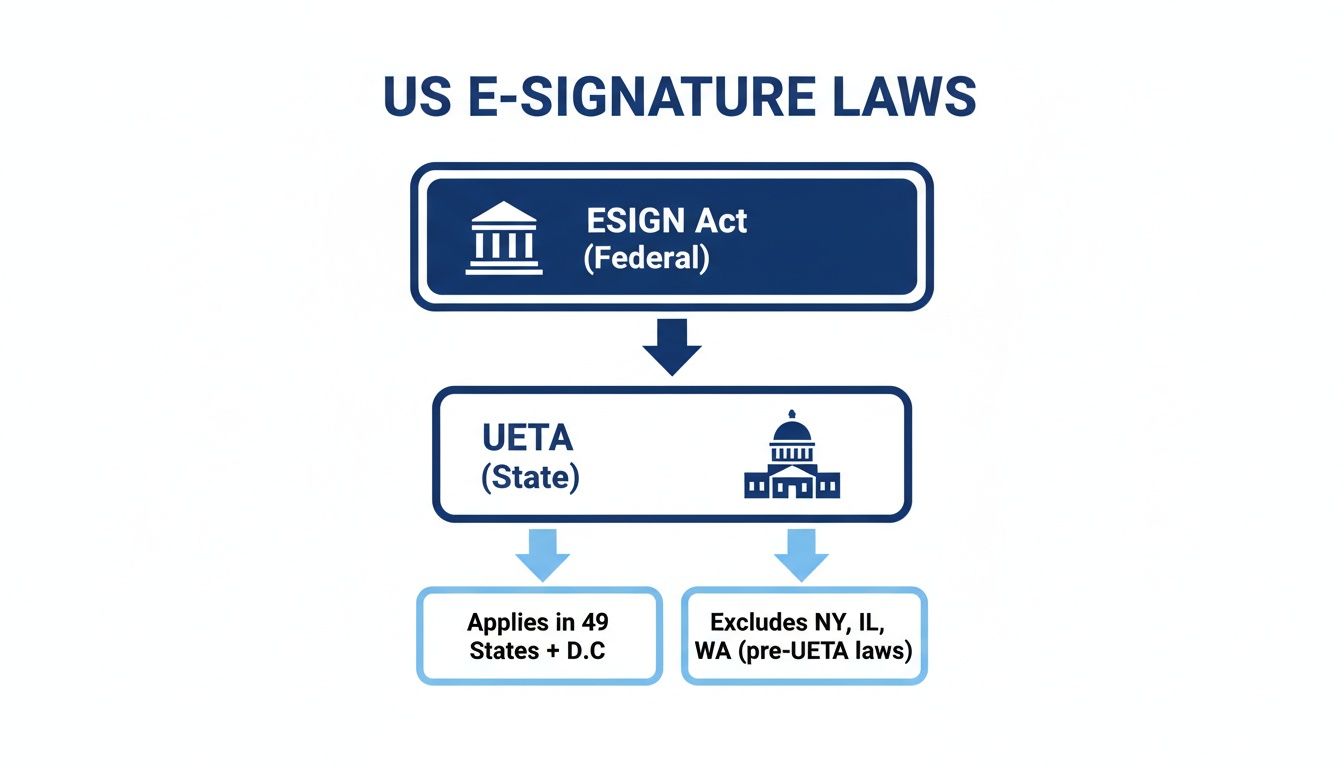 Flowchart outlining US E-Signature Laws, detailing ESIGN Act and UETA state applicability.
