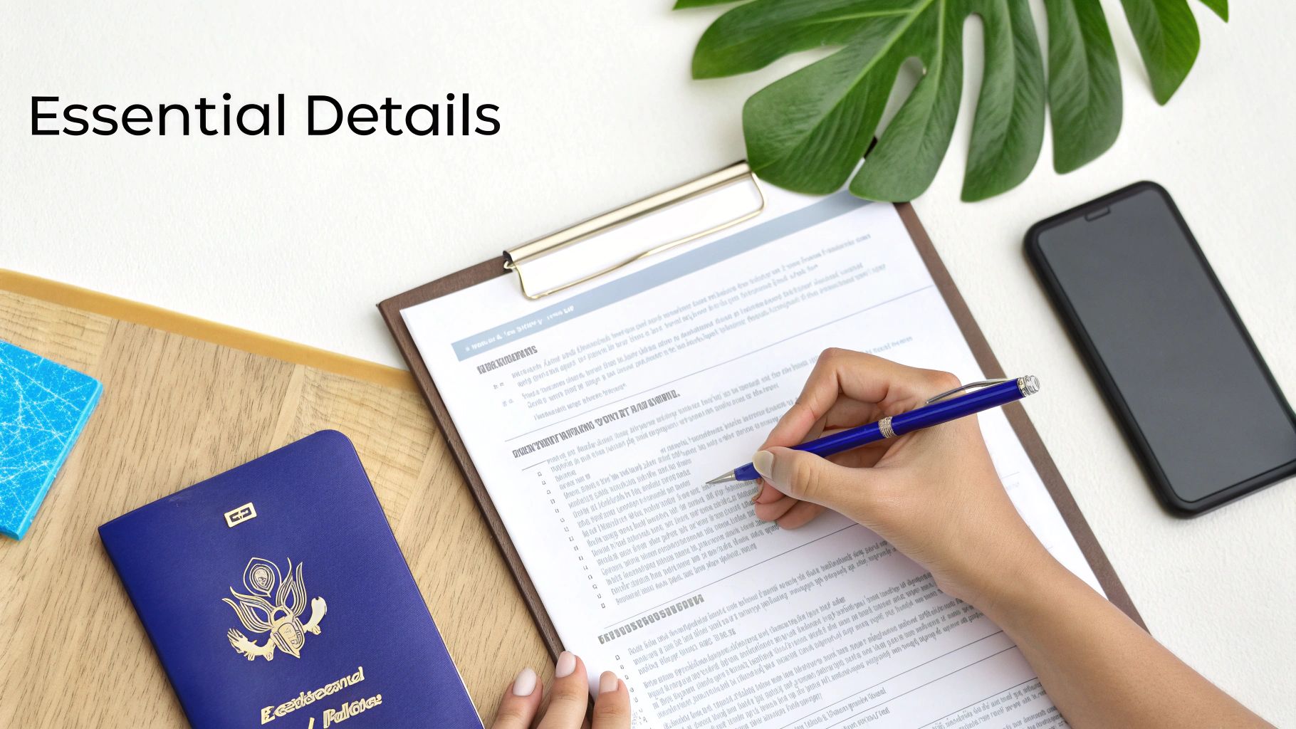 Hand writing essential details on a travel form, with a passport and phone nearby.