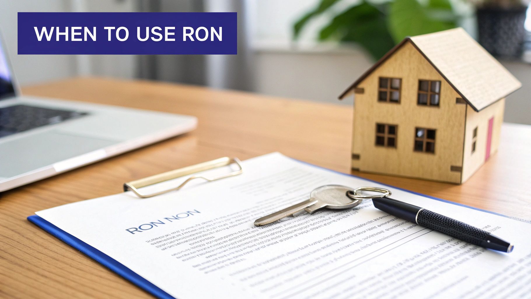 A person smiling while reviewing a legal document on a tablet, with a house in the background.
