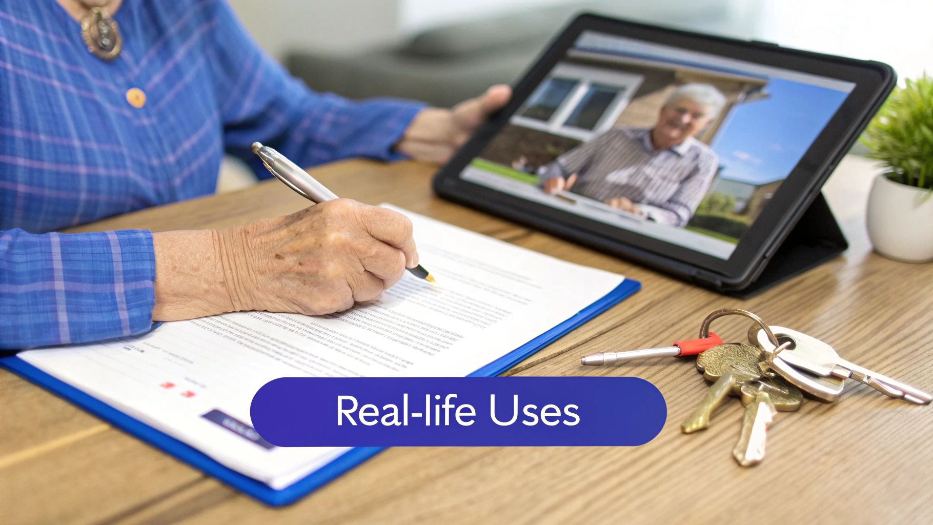 A person smiling while using a laptop to sign a document, illustrating the convenience of online notary services.