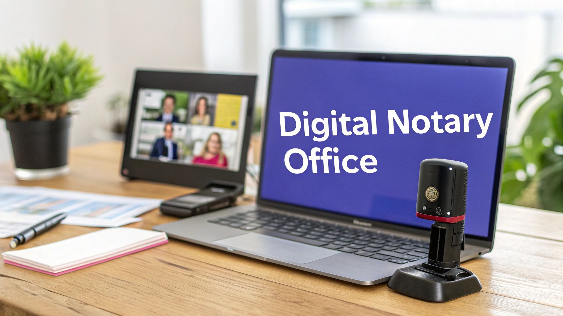 A professional notary working on a laptop, smiling while assisting a client remotely