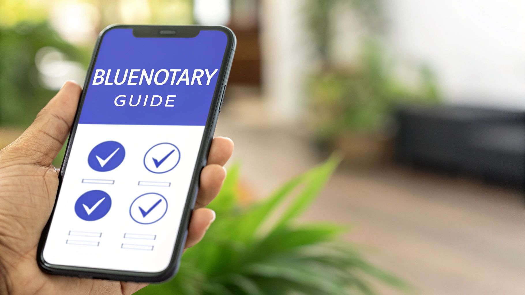 A professional notary interacting with a client over a video call on a BlueNotary branded interface, symbolizing a superior user experience.