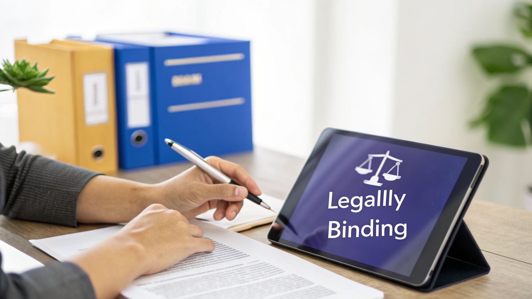 Person signing a document while a tablet displays "Legally Binding" with scales of justice icon.