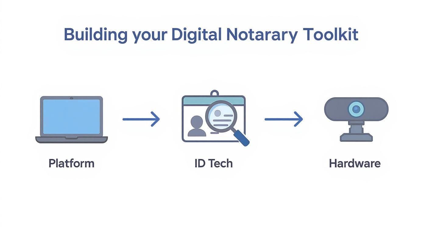 Digital notary toolkit workflow showing platform, identity verification technology, and webcam hardware components