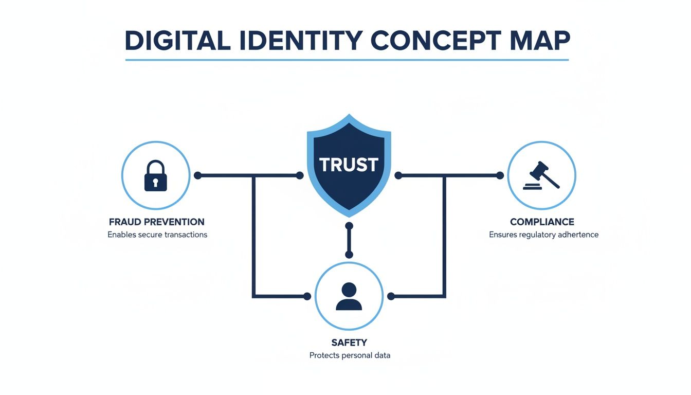 A concept map illustrates the key pillars of digital identity: Trust, Fraud Prevention, Compliance, and Safety.