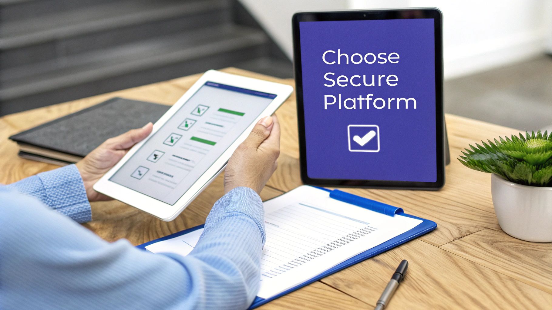 A person sitting at a desk and pointing at a laptop screen, which displays a legal document and a digital signature field, illustrating the process of choosing an online notary platform.