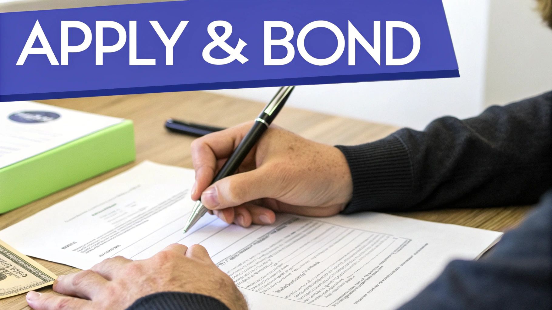 A close-up of a person filling out a formal application with a pen, emphasizing the official nature of the process.