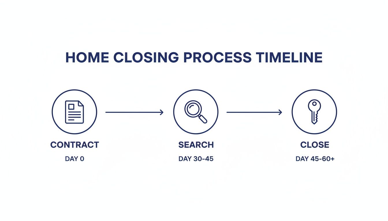 A timeline illustrating the home closing process with steps: Contract, Search, and Close, along with typical days.