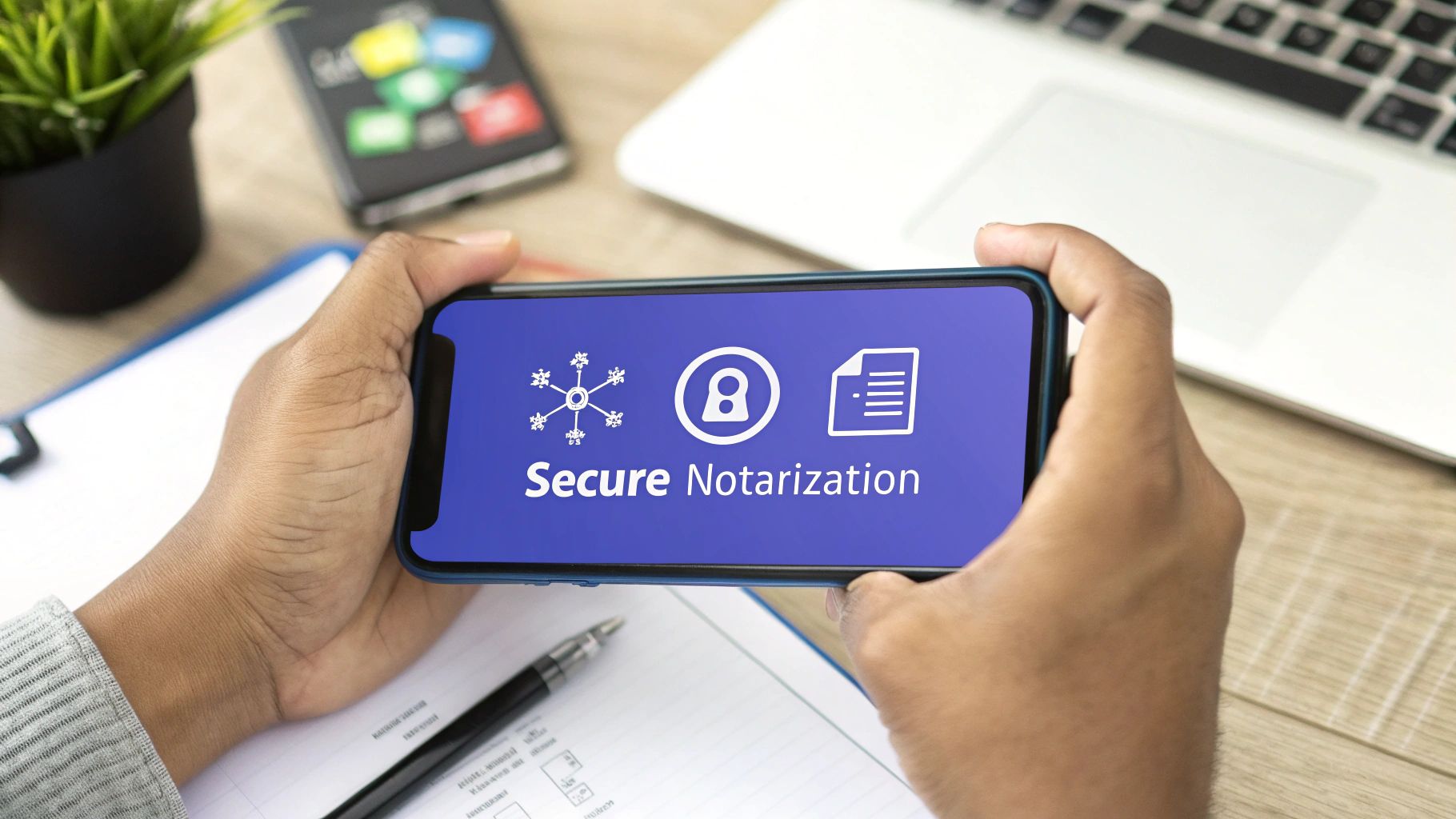 Person holding smartphone displaying secure notarization app with lock icon and document symbols