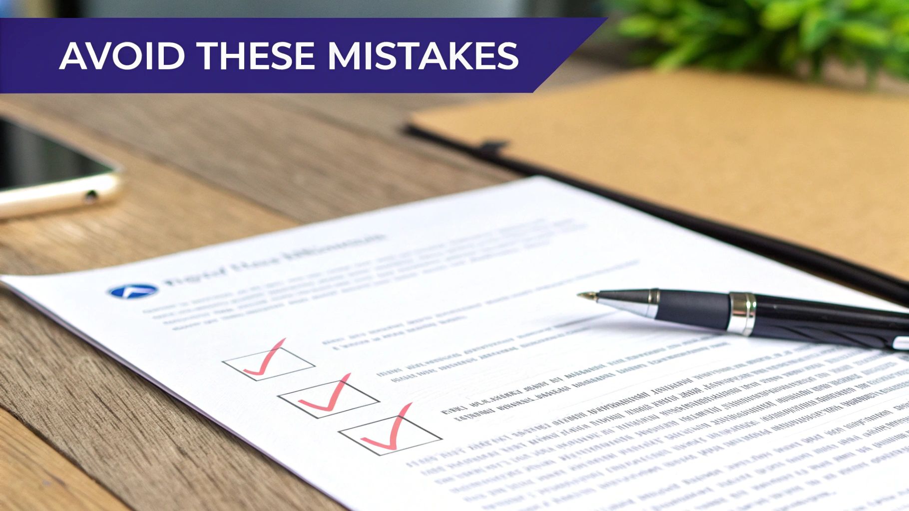 A document with a checklist, red checkmarks, and a pen, under a banner 'AVOID THESE MISTAKES'.
