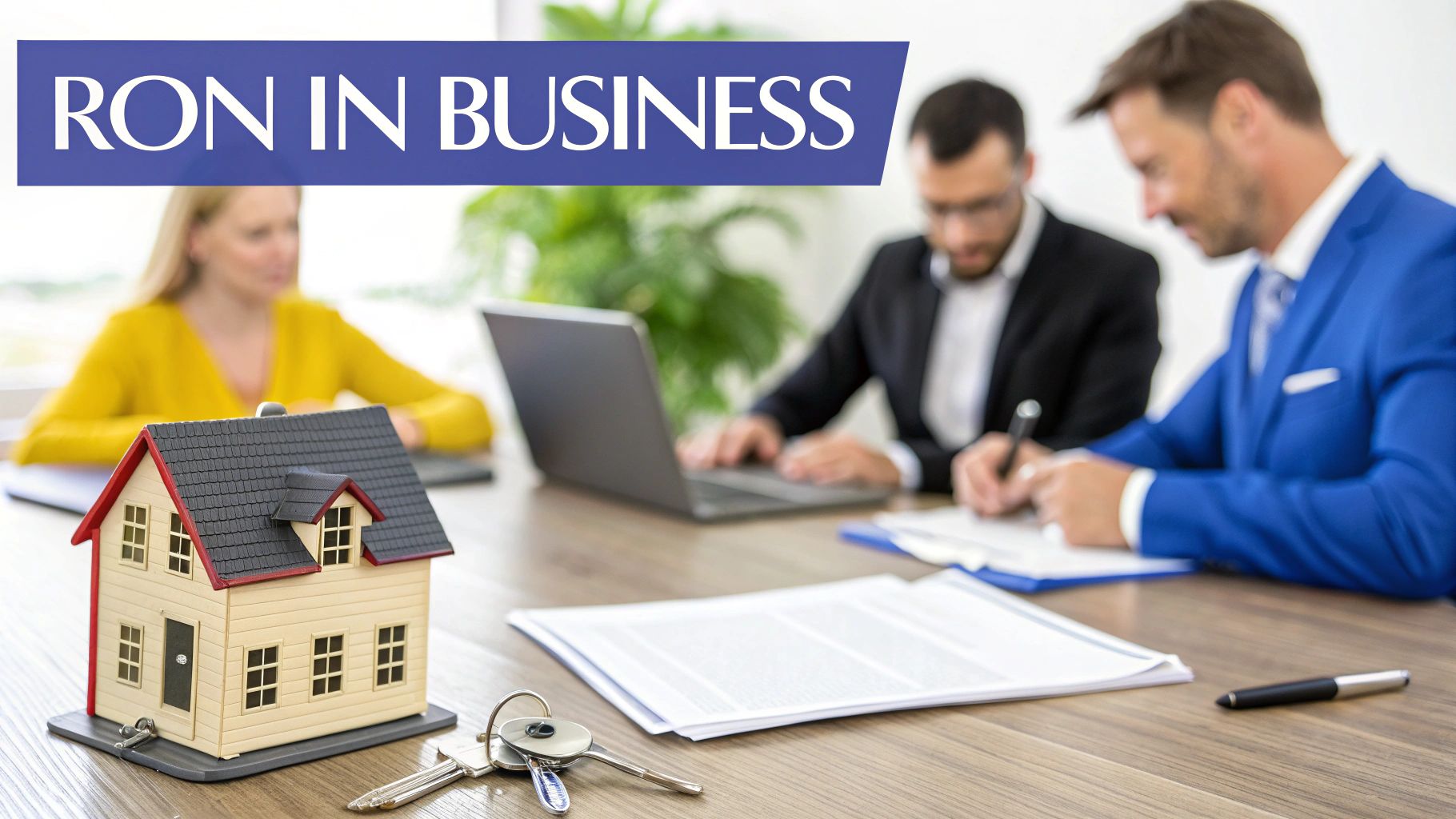 A model house and keys on a table with documents, people in a blurred business meeting, and 'RON IN BUSINESS' text.
