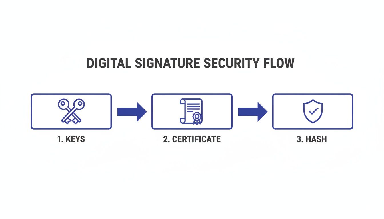 Diagram illustrating the digital signature security flow, showing steps: keys, certificate, and hash.