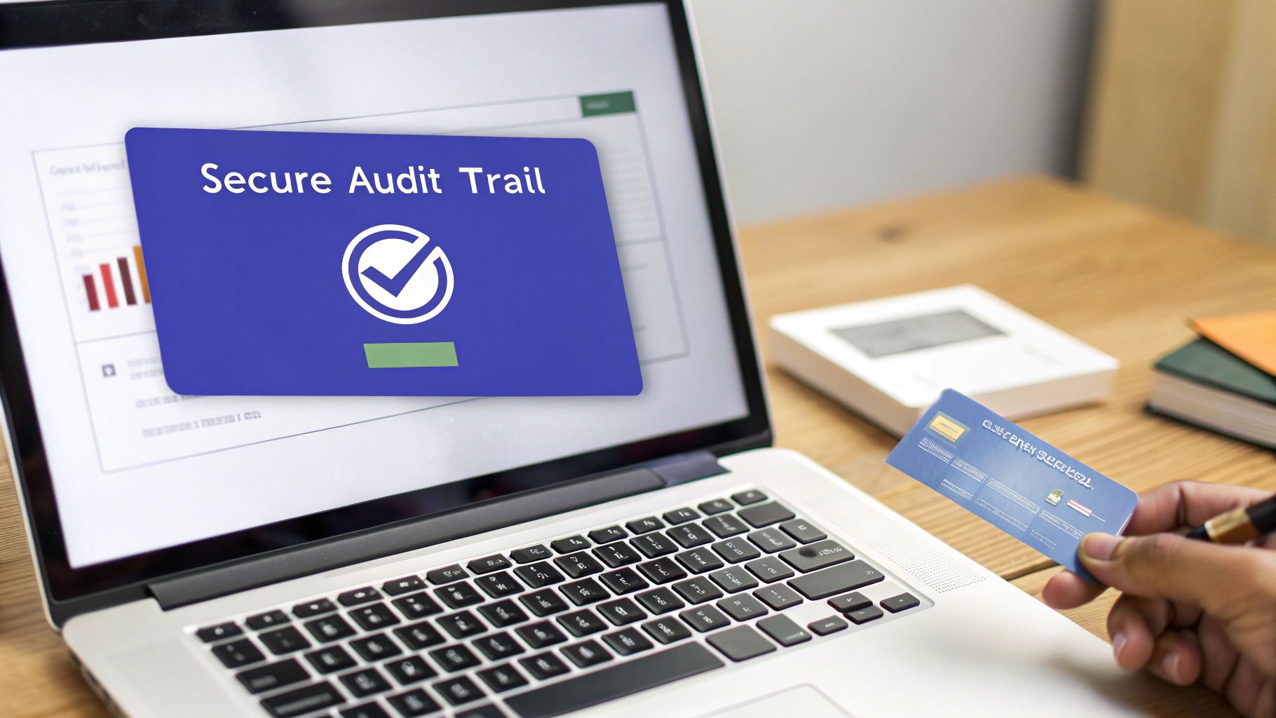 A hand holds a blue smart card next to a laptop displaying a 'Secure Audit Trail' message.