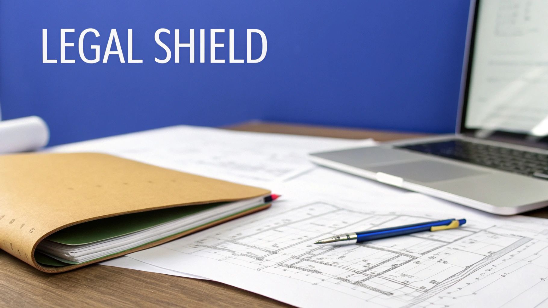 A construction helmet, safety glasses, and blueprints resting on a wooden surface, symbolizing project safety and planning.