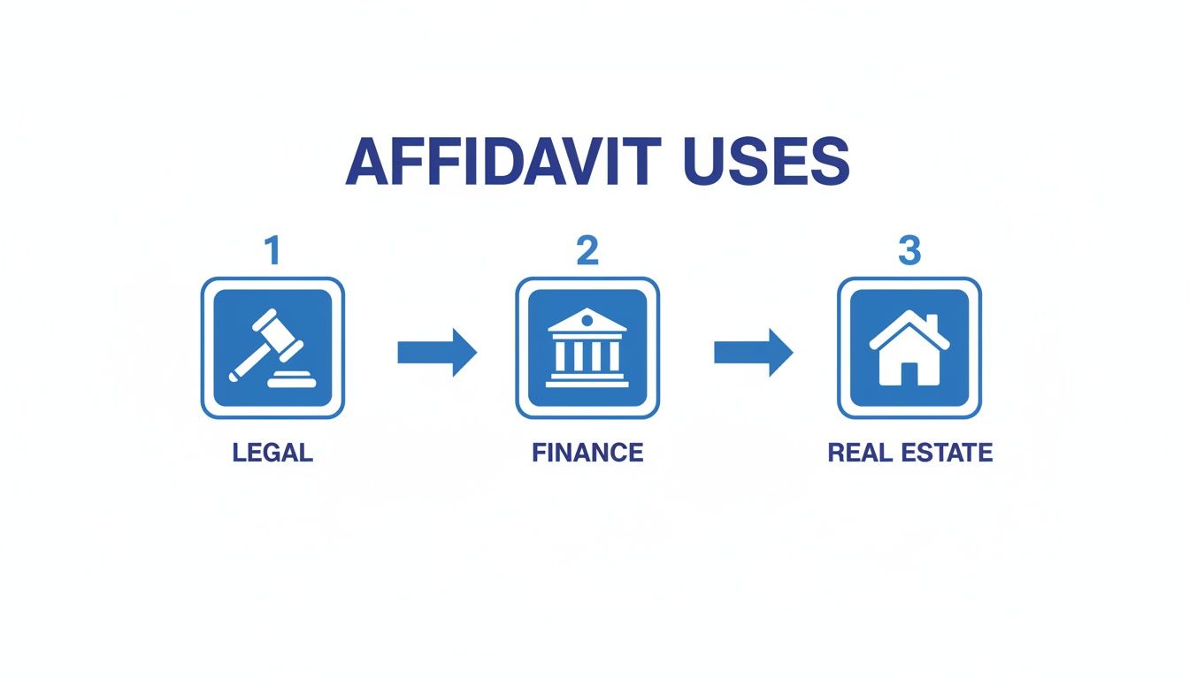 Diagram illustrating common uses of affidavits in legal, finance, and real estate sectors.