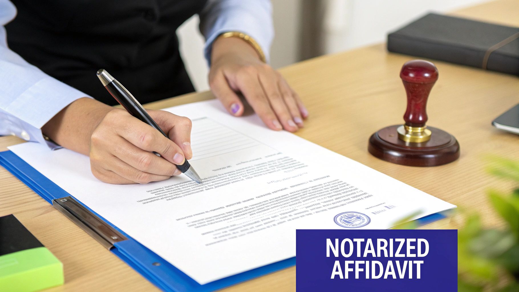 A person's hand signs a notarized affidavit document with a pen on a wooden desk, with a notary stamp.