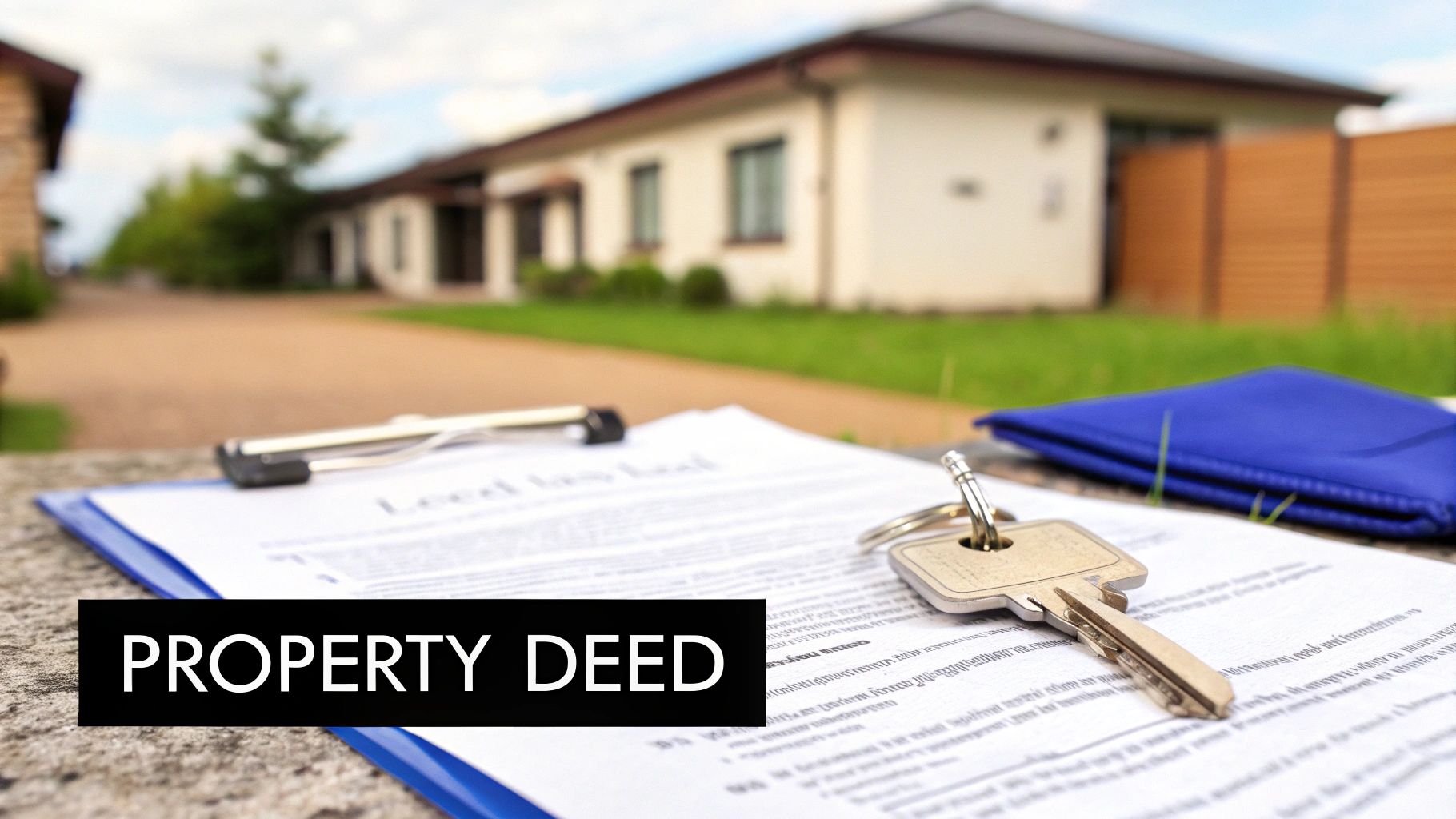 A property deed and house key on a clipboard, with a modern house and lawn in the background.