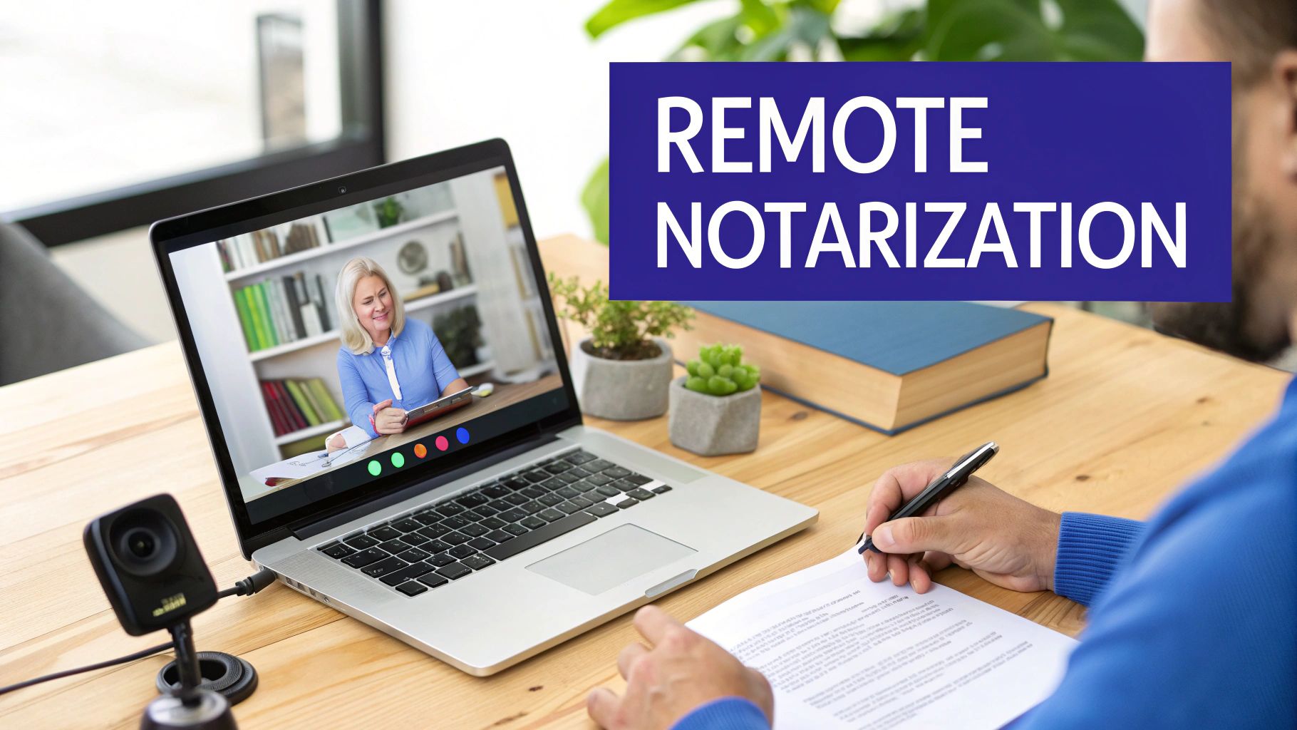 A man signs a document during a remote notarization video call with a notary on his laptop.